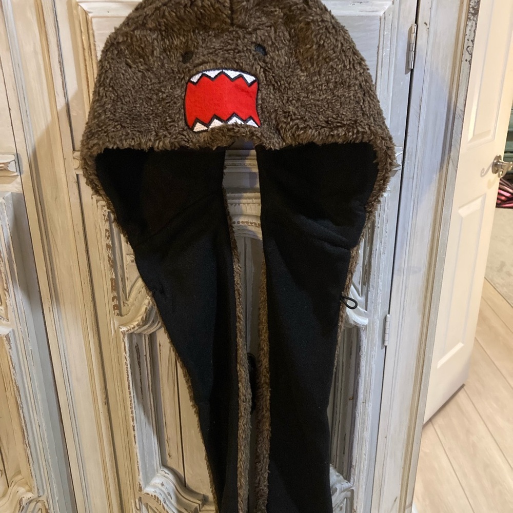 Brown and Black Hooded Scarf Hat with Cartoon Face